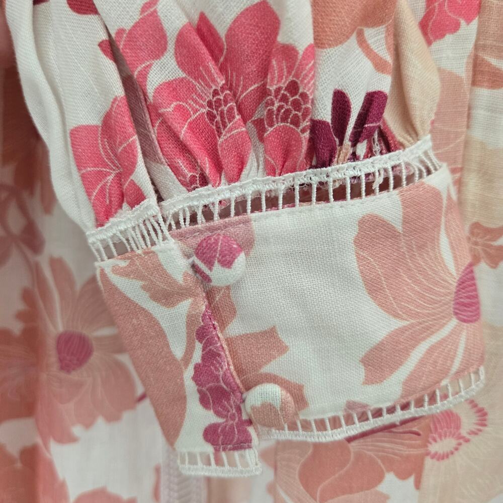 Ted Baker Denissa Linen Floral Midi Dress Pink Lace Cut Out Bishop Sleeve US 6 - Picture 8 of 15